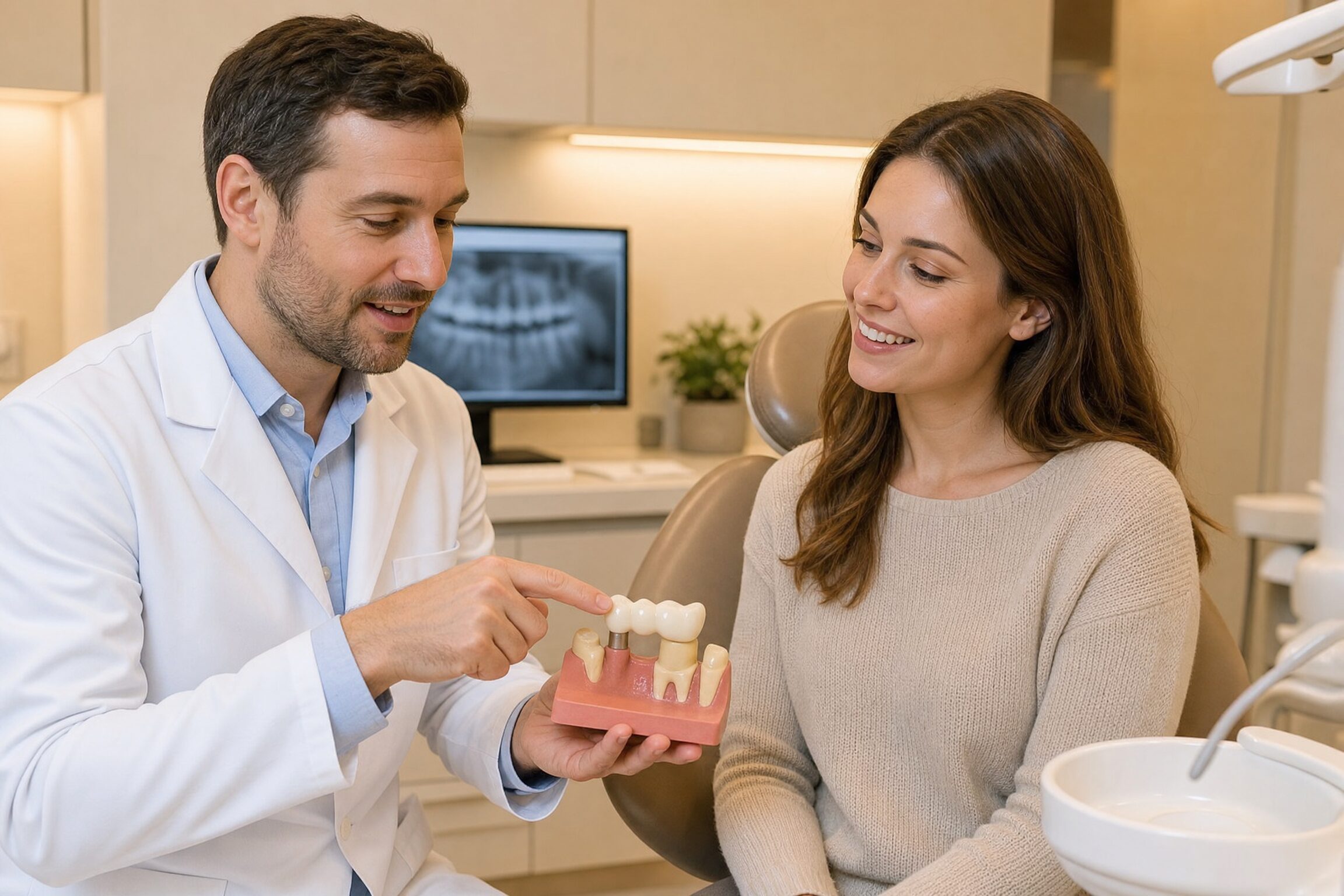 Dentist at Centerville Dental Center explaining a dental bridge to a patient using a model