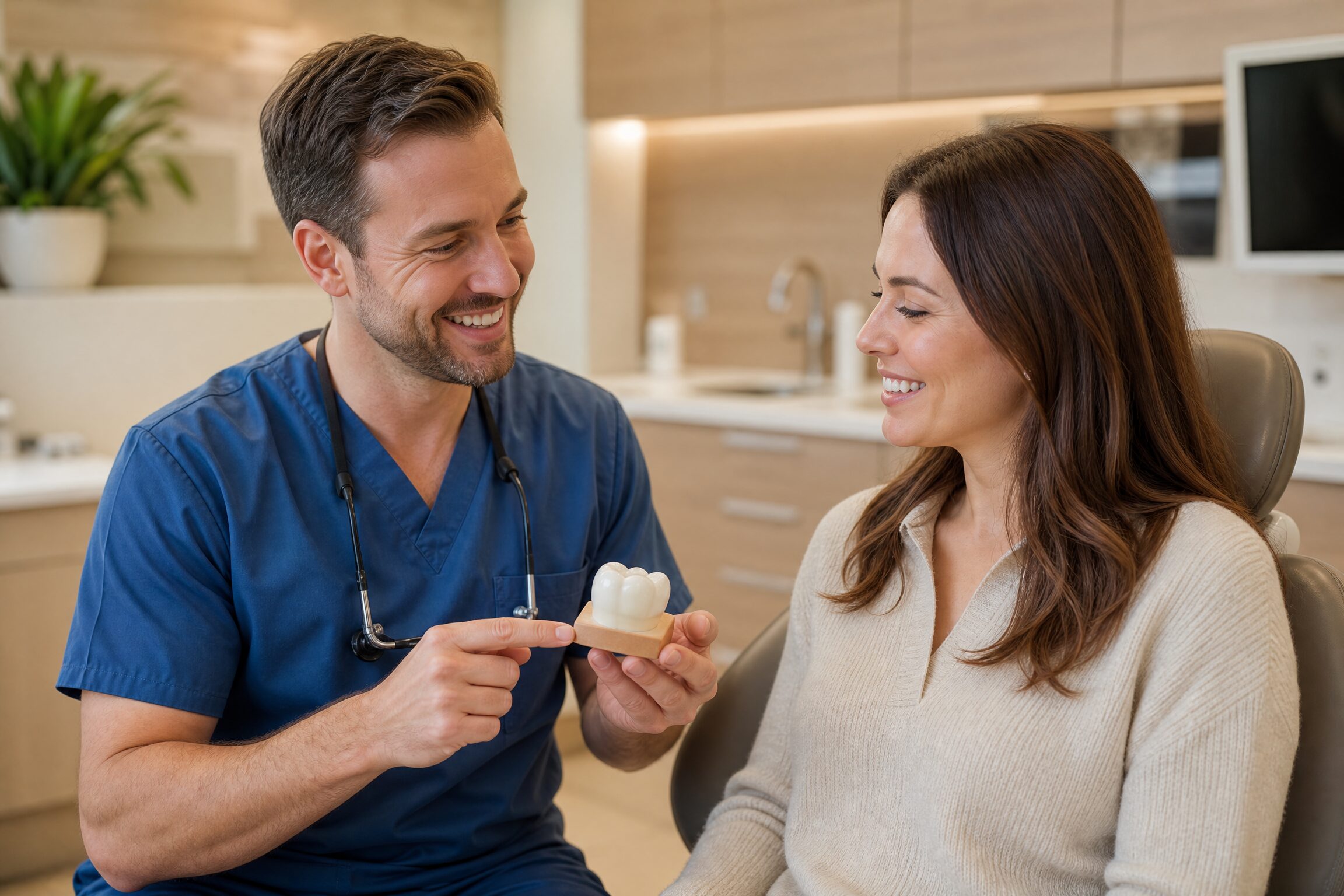 Dentist at Centerville Dental Center showing a patient a dental crown model