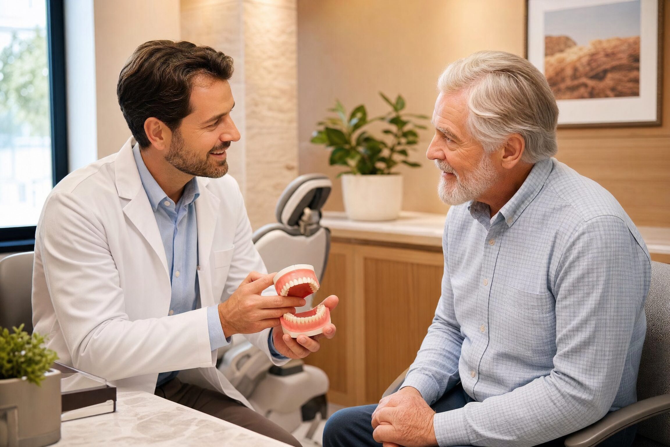 Dentist at Centerville Dental Center discussing custom denture options with a smiling patient