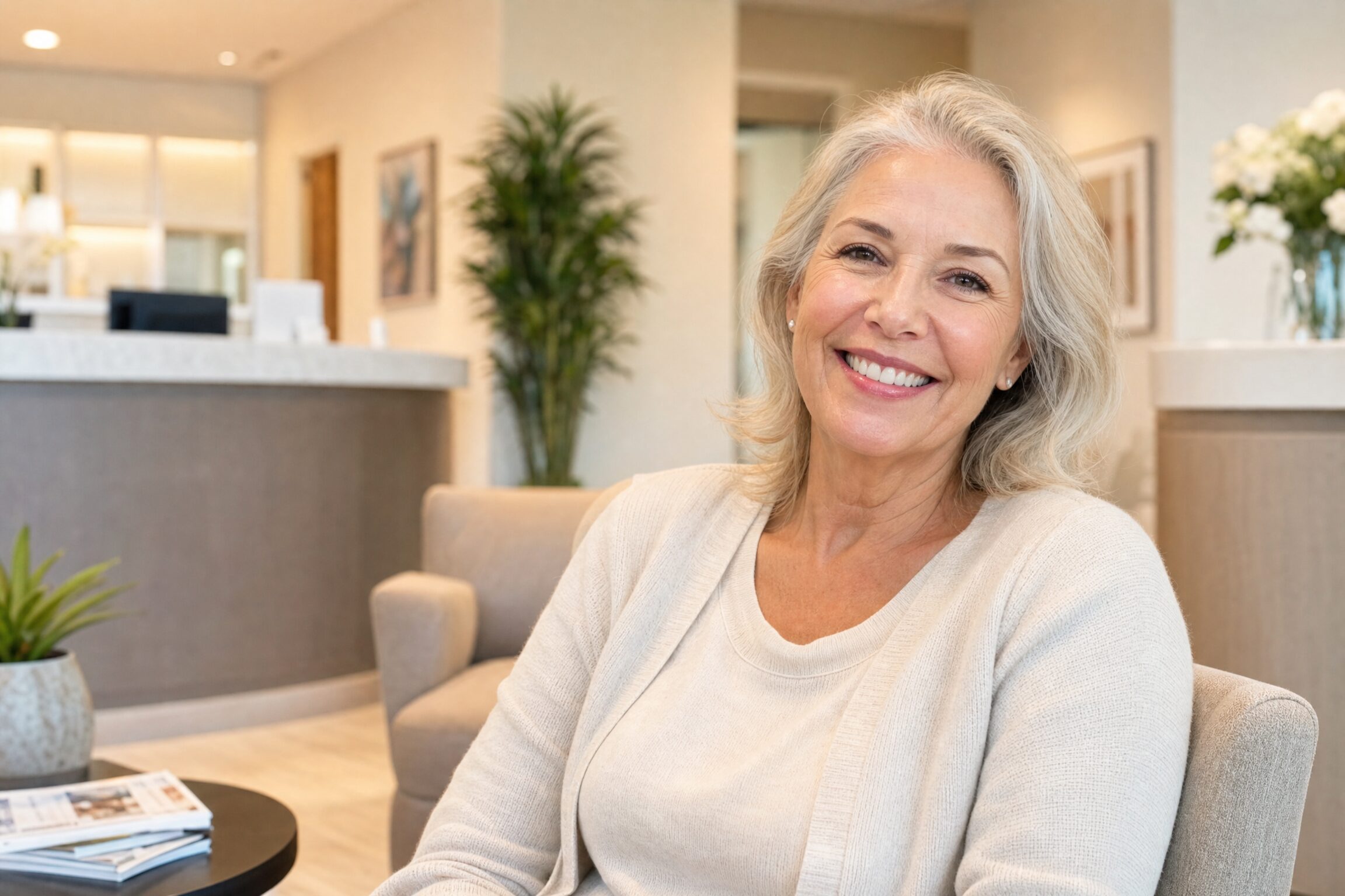 A happy senior patient smiling brightly after receiving custom dentures at Centerville Dental Center