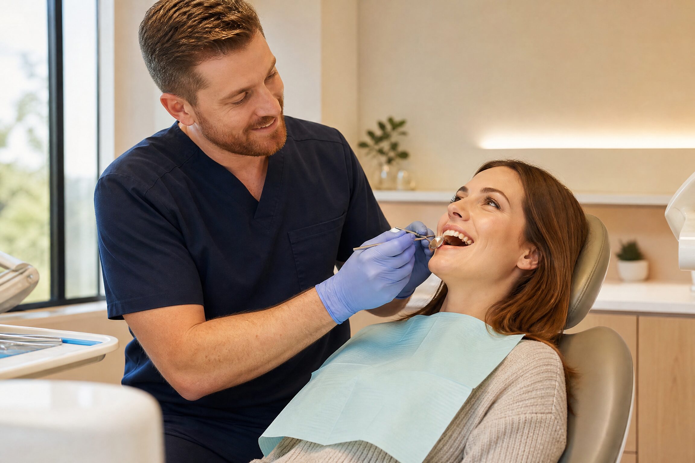 Reassuring dentist examining a patient at Centerville Dental Center emergency appointment