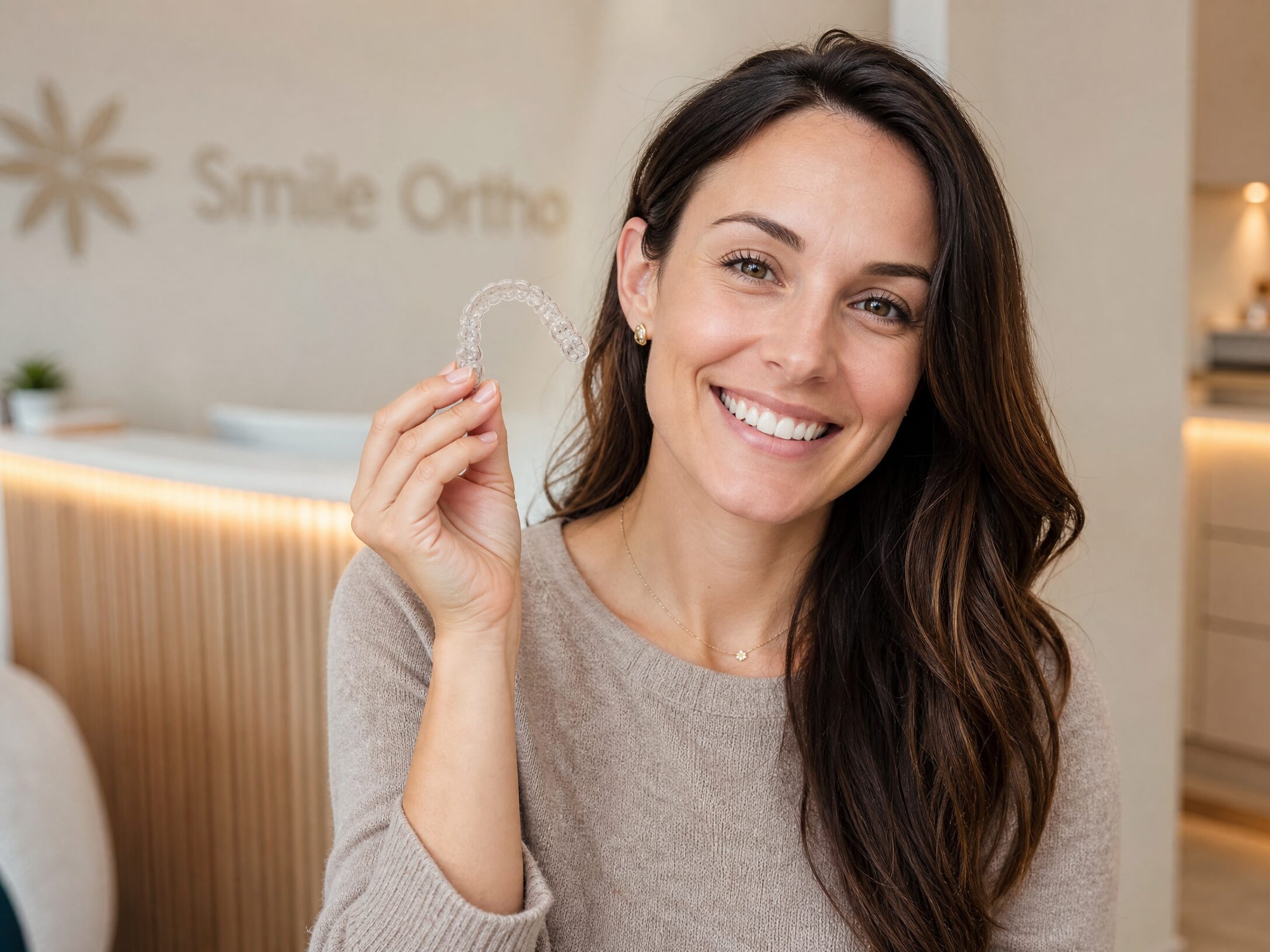 Invisalign clear aligner being held by a patient at Centerville Dental Center