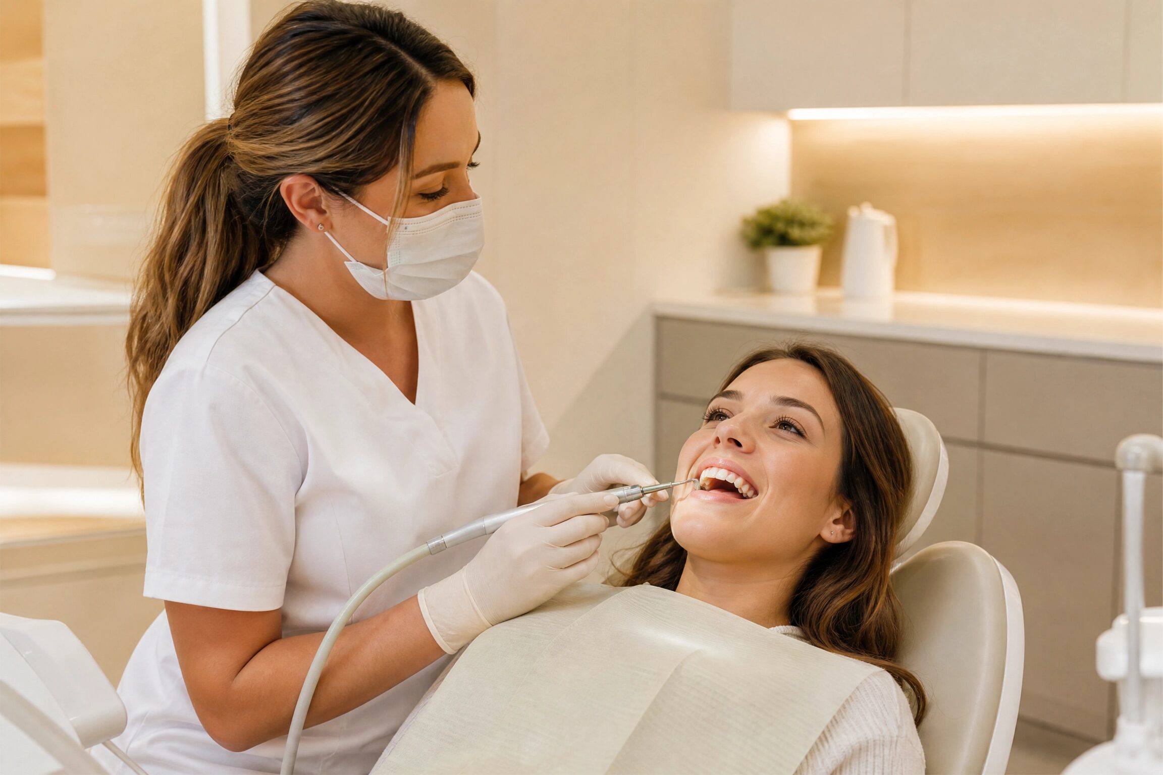 Friendly dental hygienist cleaning patient teeth at Centerville Dental Center