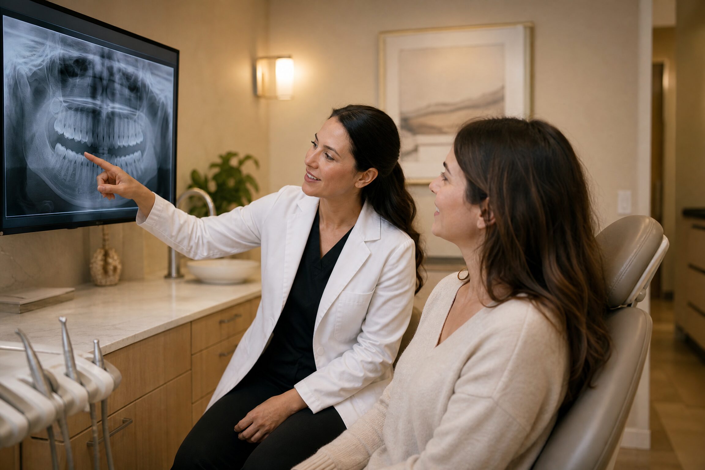 Dentist at Centerville Dental Center showing a patient their digital dental X-rays on a computer monitor