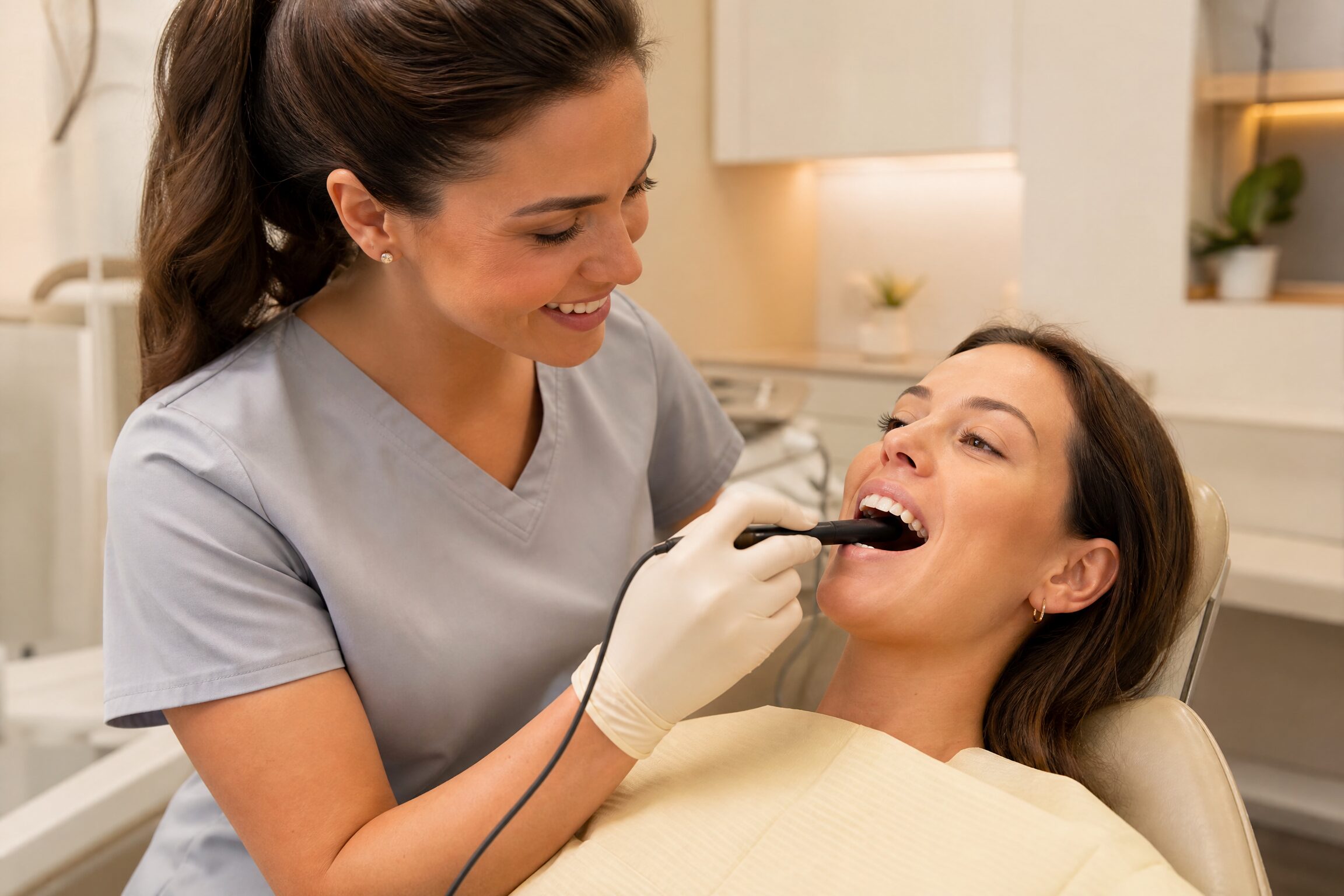 A friendly dental hygienist preparing a patient for a comfortable digital X-ray at Centerville Dental Center