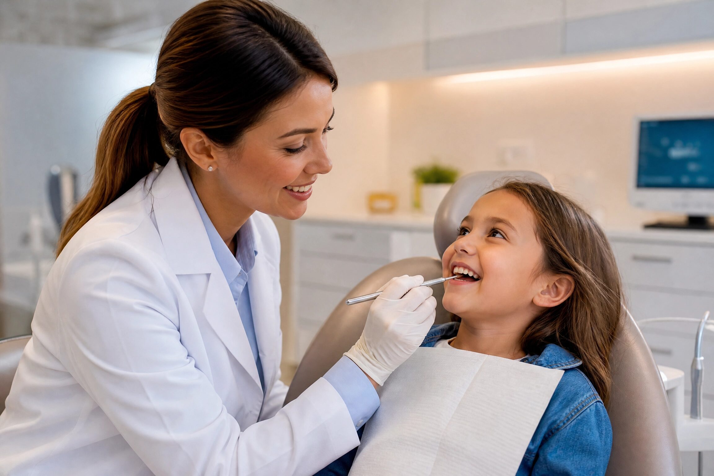 Friendly dentist examining a child patient at Centerville Dental Center