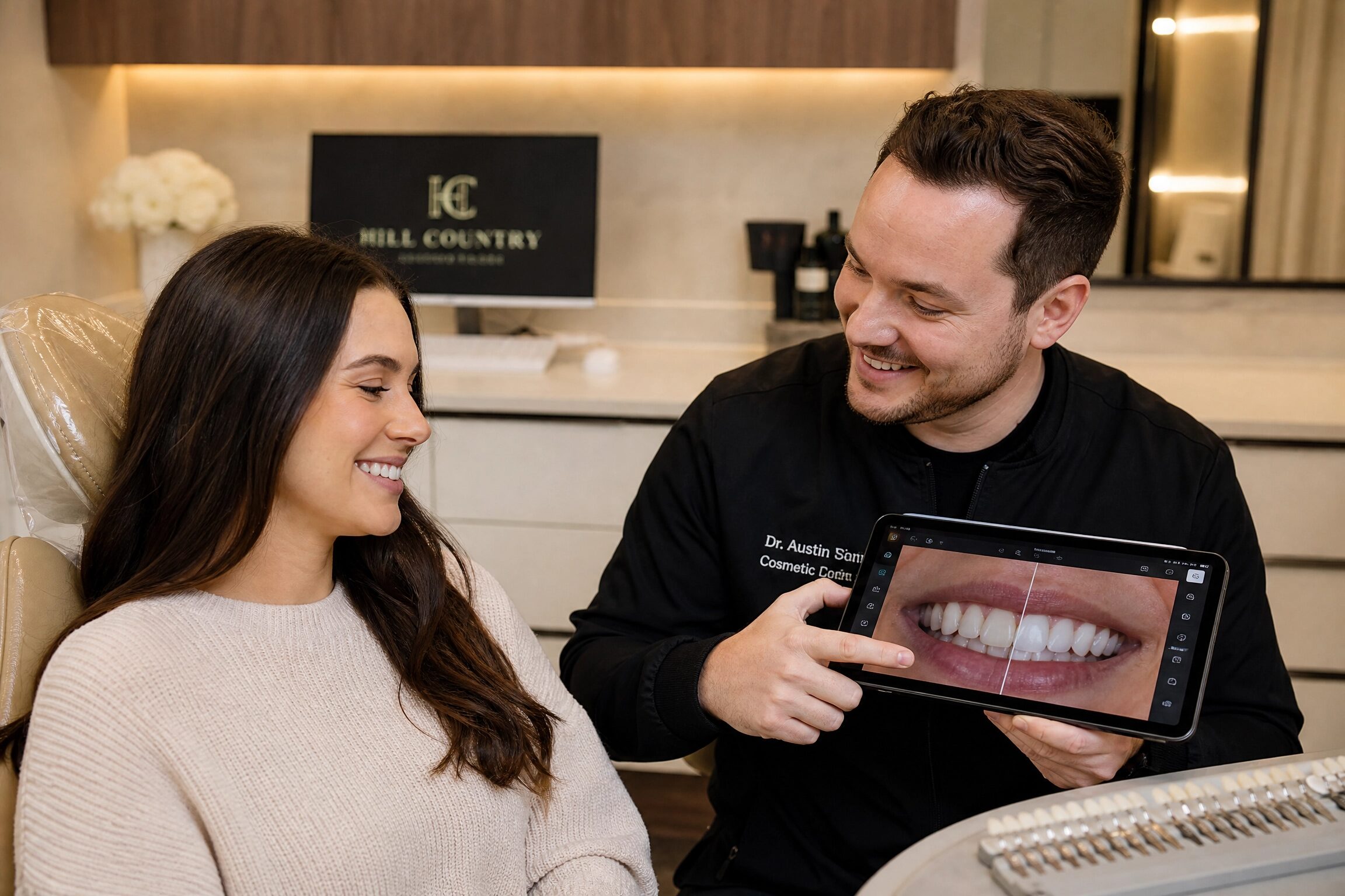 Dentist showing a patient a digital smile preview during a porcelain veneer consultation at Centerville Dental Center