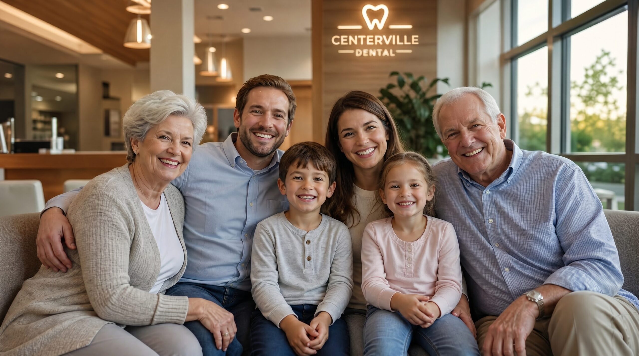 Happy multigenerational family smiling in the Centerville Dental Center waiting room