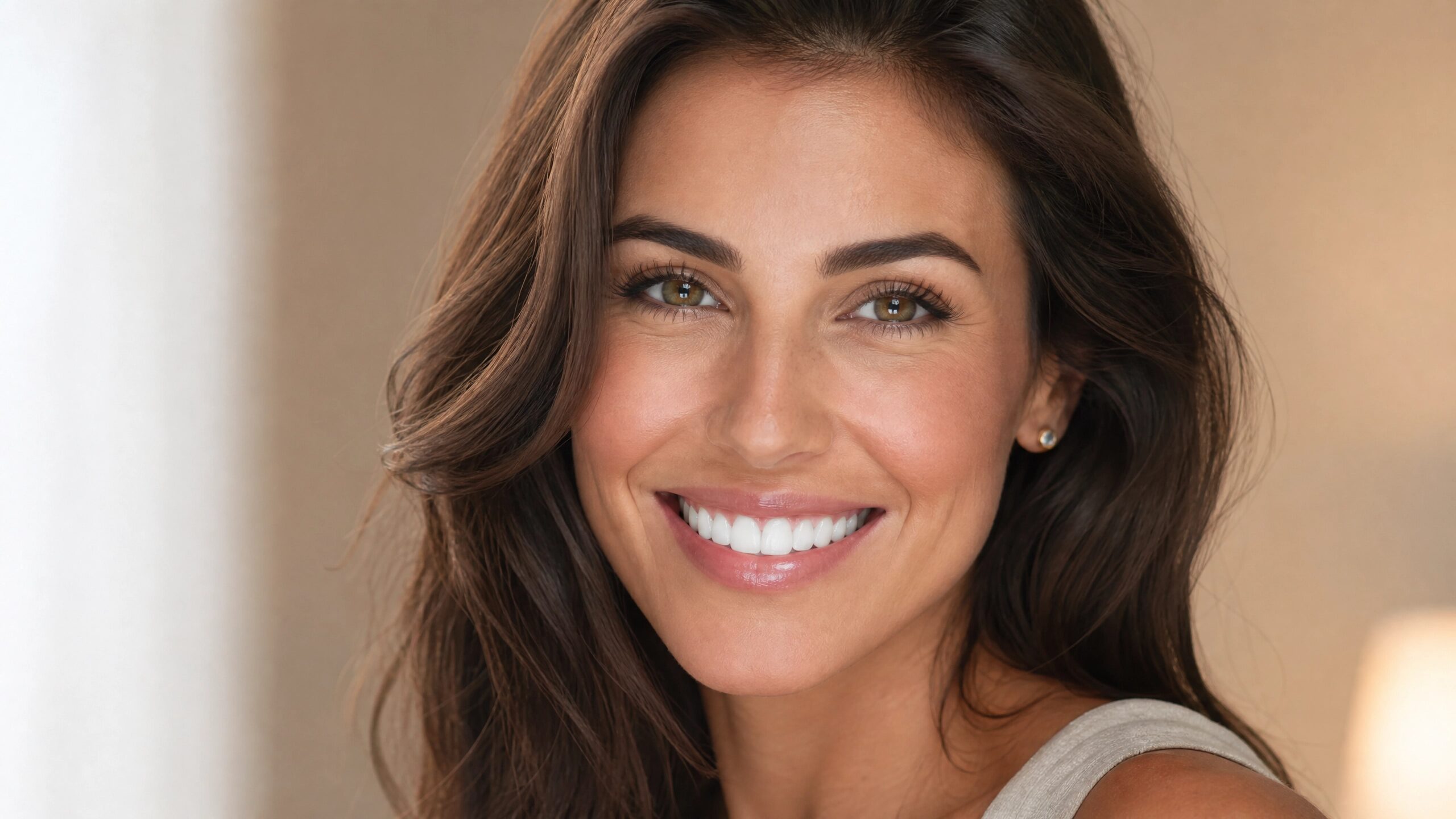 Woman with a perfect, natural-looking smile after porcelain veneers at Centerville Dental Center