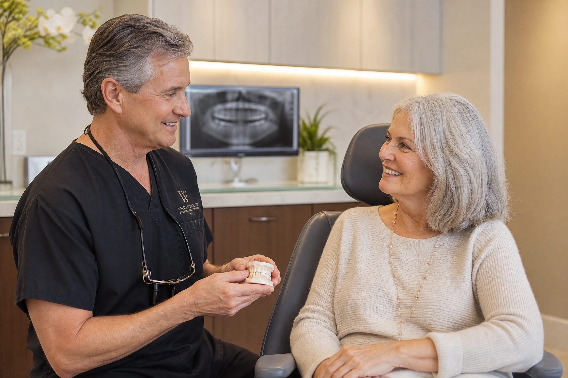 Dentist consulting with a senior patient at Centerville Dental Center