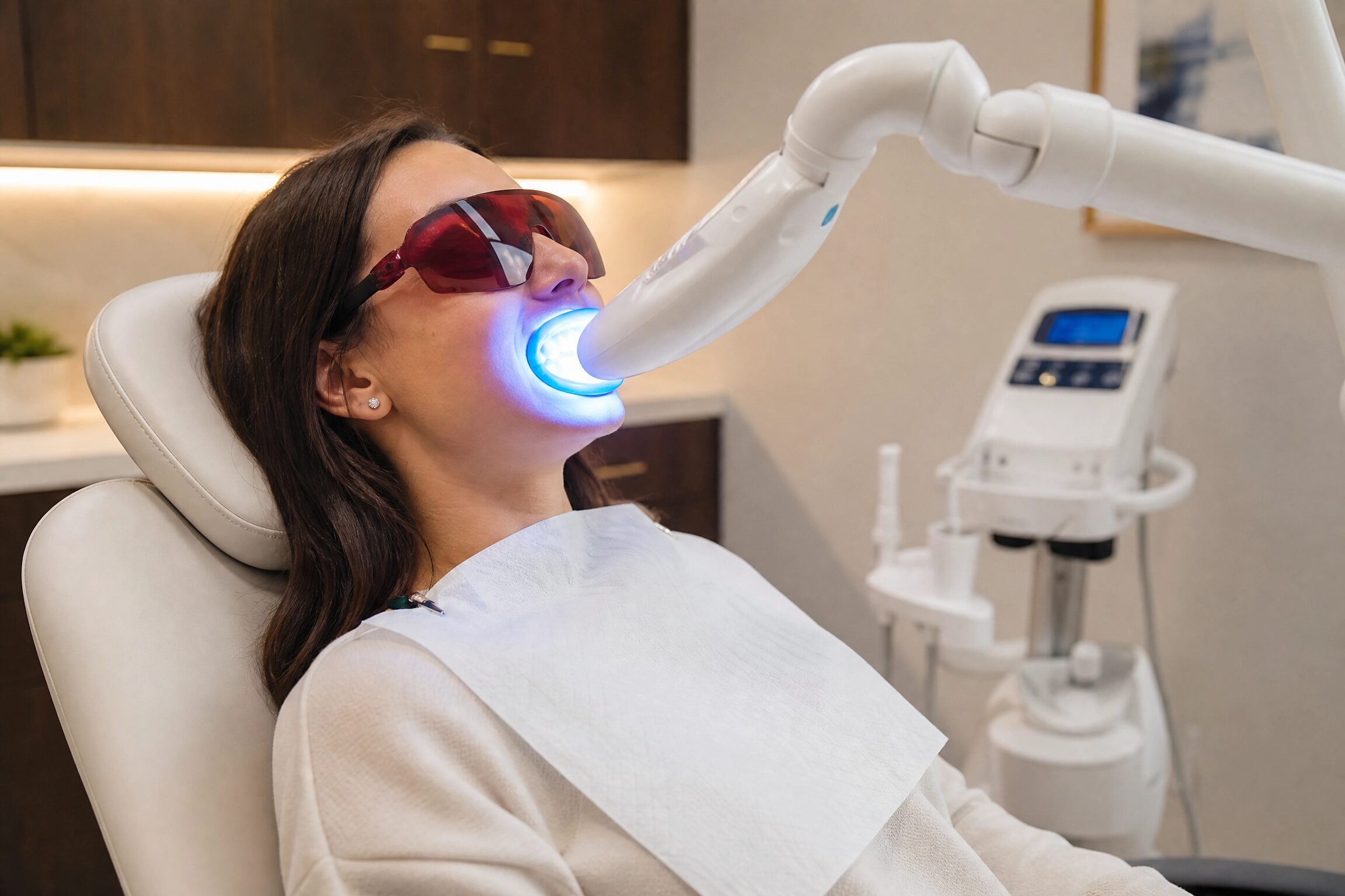 Patient receiving in-office professional teeth whitening treatment at Centerville Dental Center