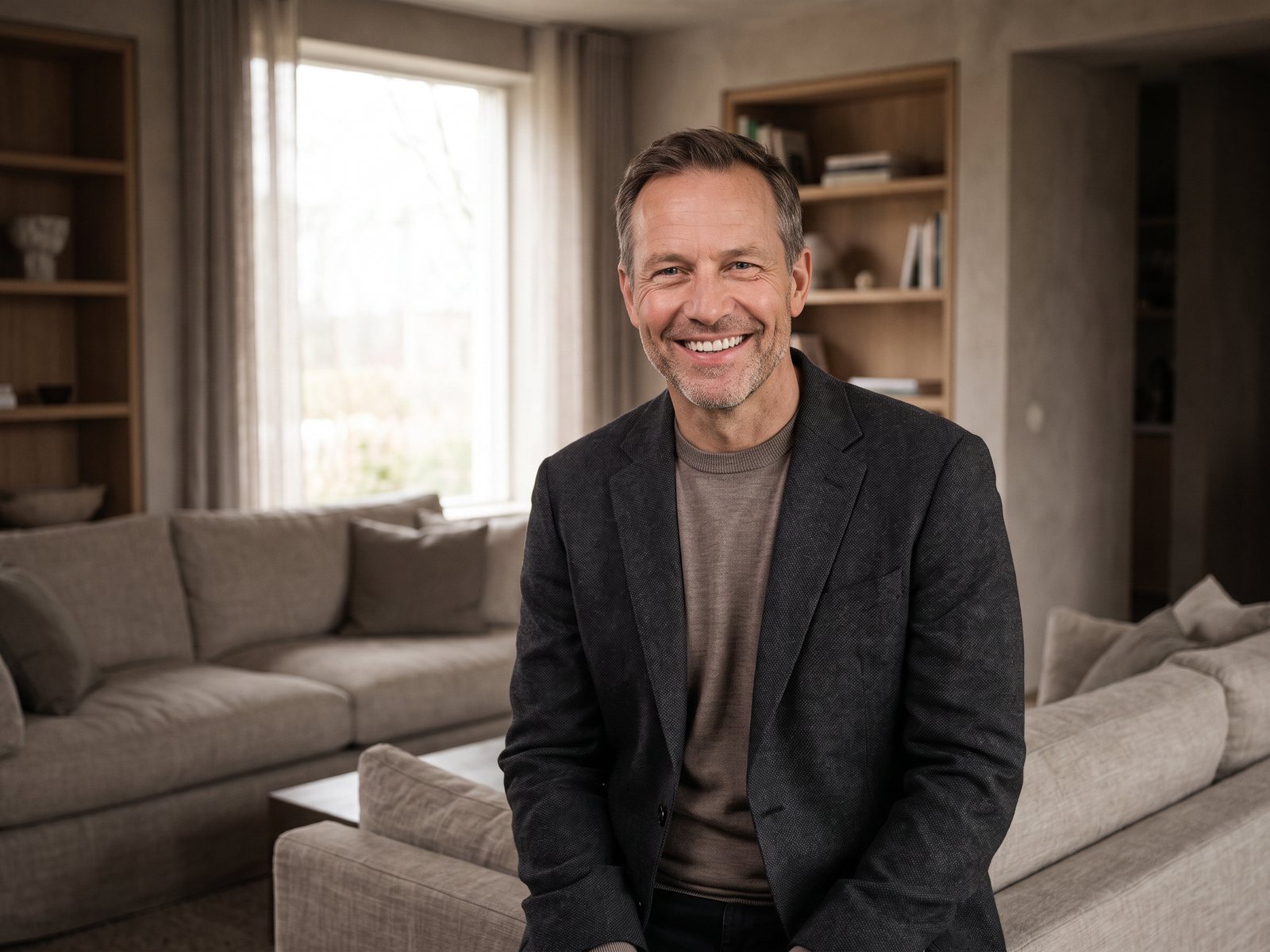 Adult man with a natural confident smile in a refined neutral setting