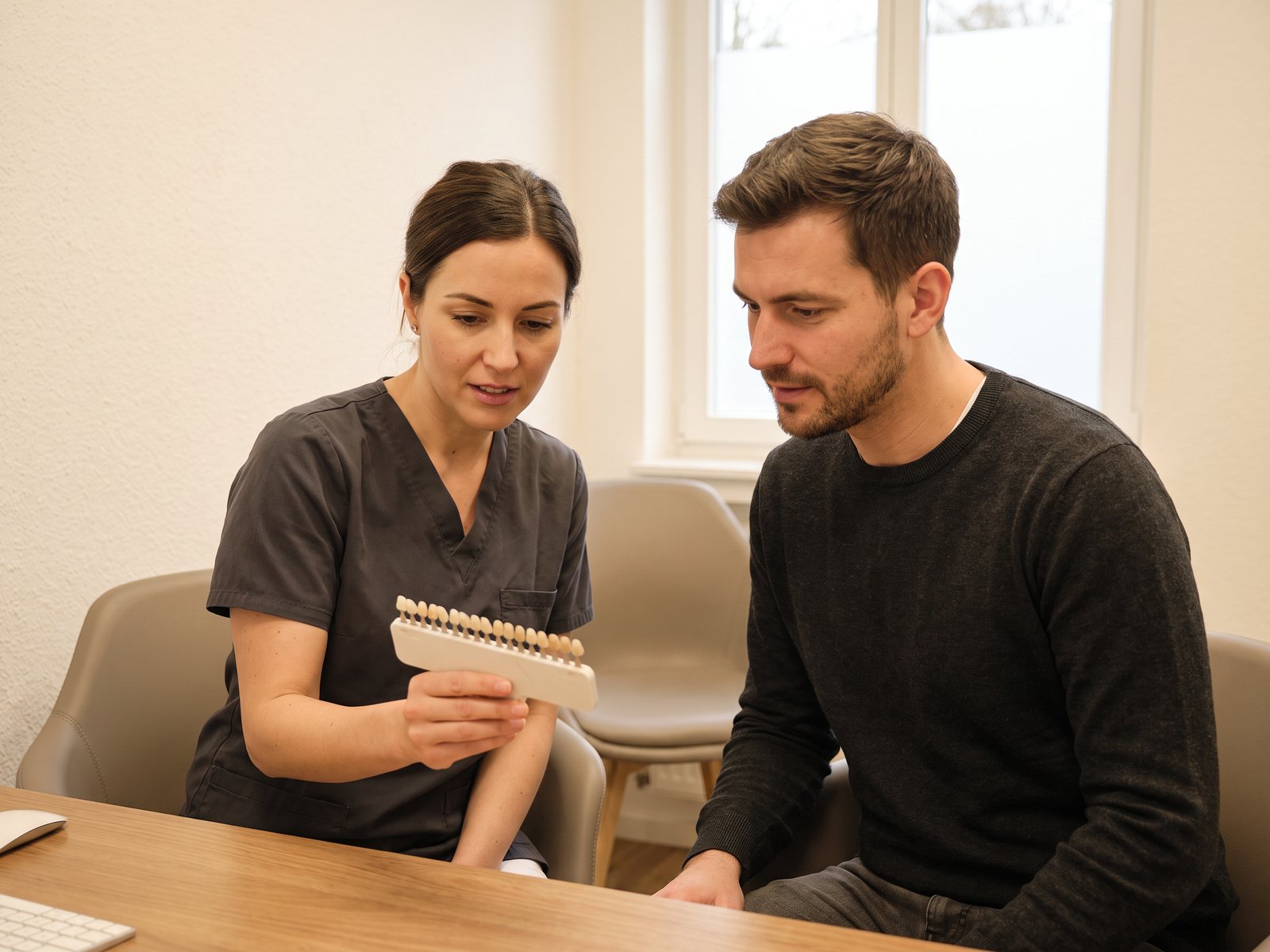 Dentist and patient reviewing tooth shade and whitening expectations in consultation